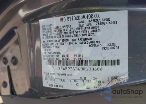 2003 Ford Focus Zx3 из США, поврежденный, VIN 3FAFP31363R133808